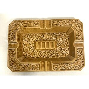 Vintage MCM 70's Large Gold Ceramic Ashtray Scrolling Vines Made in Japan